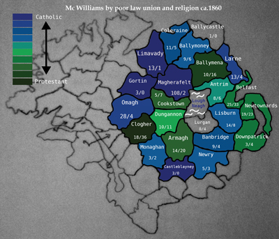 Map of McWilliams in Ulster by Poor Law Union & Religion ca. 1860